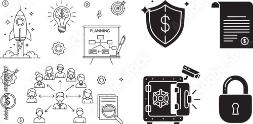 Minimalist Black and White Business and Security Icon Set on White Background