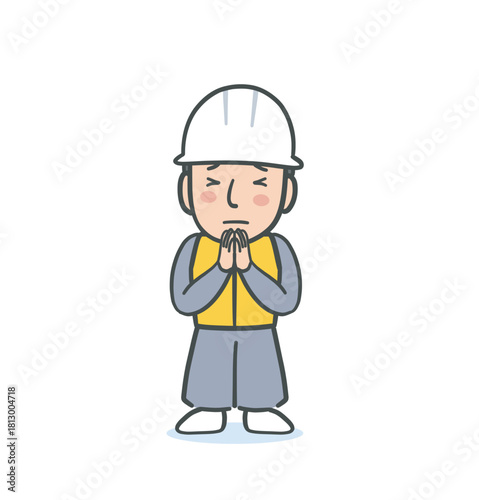 手を合わせて謝罪する作業員男性のイラスト素材