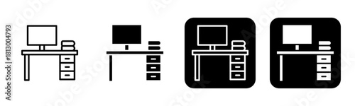 Work Desk Icon Line and Black Fill Style Collection