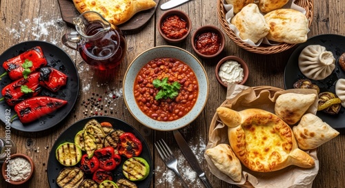 Georgian feast on rustic table. Grilled peppers, vegetables, beans, and khachapuri