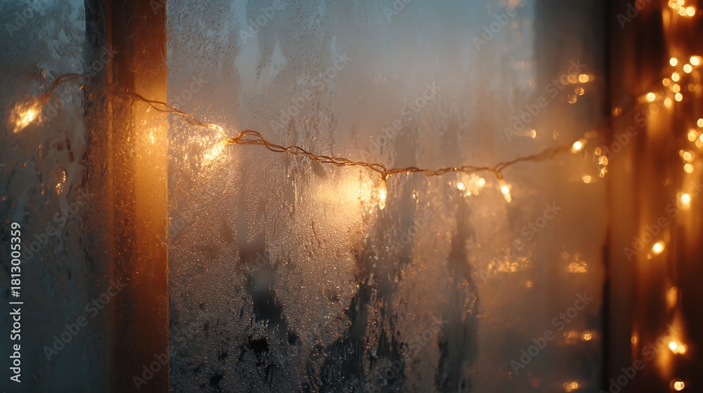 Obraz premium Frosted glass window, warm indoor Christmas lights, dreamy winter glow, elegant soft mood, center space for greeting