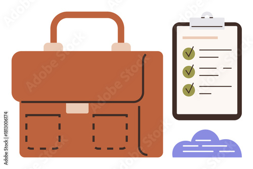 Brown business briefcase, checklist with green checkmarks, and signed paper. Ideal for business, planning, organization, productivity, management documentation professional tools. Clean and simple