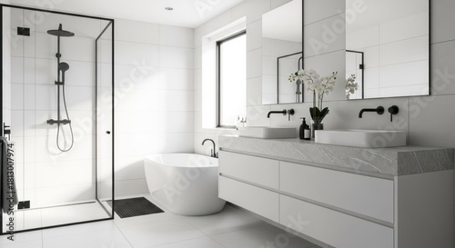 Modern white bathroom with black accents