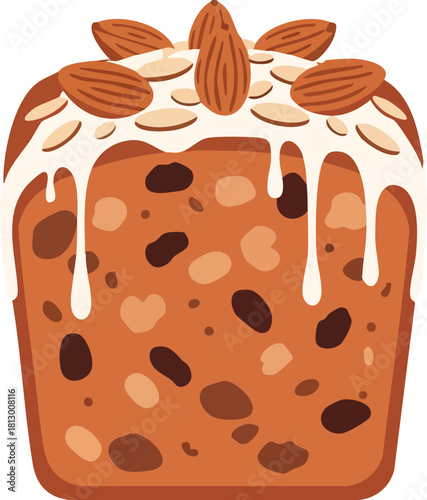 Illustration of a sweet bread loaf topped with icing and almonds on a plain white background.