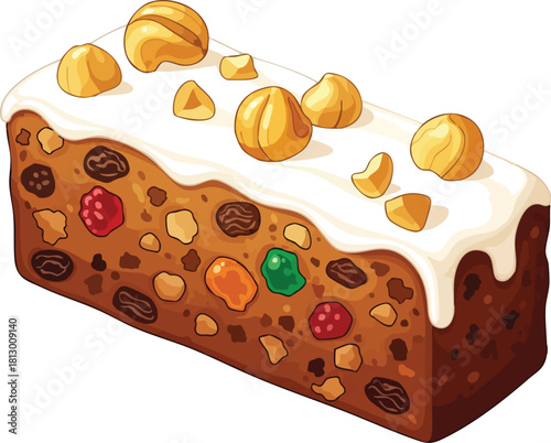 Illustration of a traditional fruitcake with white icing and nuts on top against a plain white background.