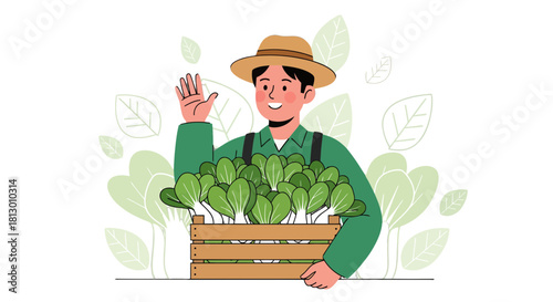 Happy Farmer with Produce Smiling and Waving in a Charming Illustration