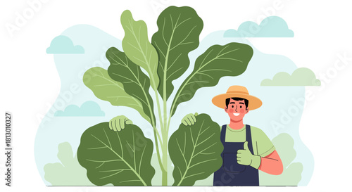 Happy Gardener Giving Thumbs Up Next to Lush Green Plants in Garden Artwork