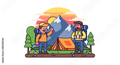Friendship In The Mountains: A Vibrant Illustration Of Adventurous Camping