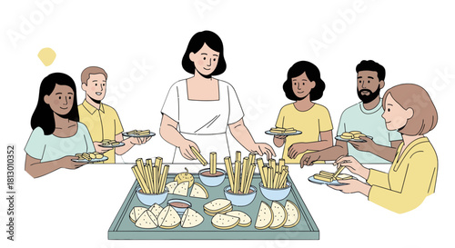 Friends Gathering Around A Table Of Delicious Snacks And Sharing Good Times