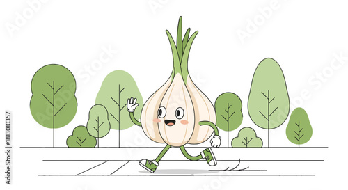 Happy Garlic Bulb Character Jogging Along a Path in Front of Trees