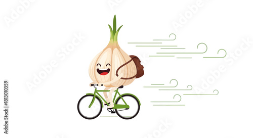 Happy Garlic Riding Bicycle Against The Wind While Smiling Joyfully On A Black Background