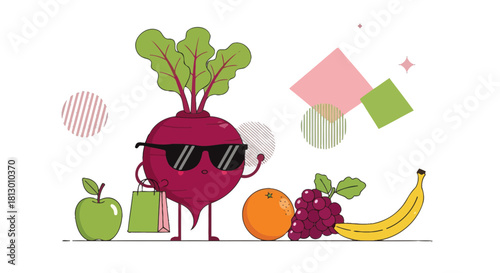 Funky Beetroot With Sunglasses And Fruits, Vector Illustration, Black Background Design
