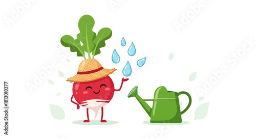 Happy Radish Watering Garden and Enjoying the Freshness with a Water Can