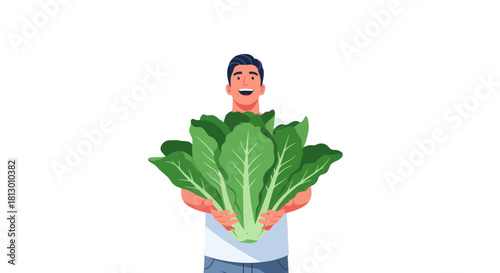 Happy Man Showcasing Large, Fresh, Healthy Green Vegetables Against Black Backdrop