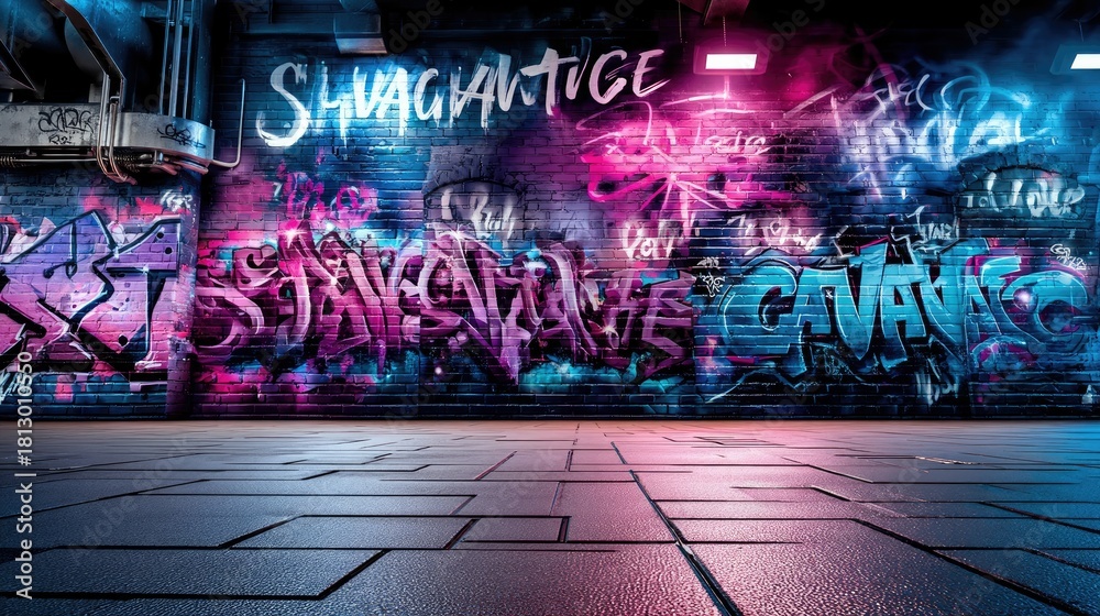 Naklejka premium A brick wall covered in colorful graffiti art, illuminated by neon lights, with a patterned floor.