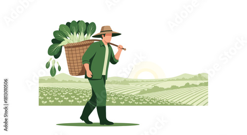 Harvesting Bounty: Rural Scene Depicting Farmer Carrying Harvested Vegetables