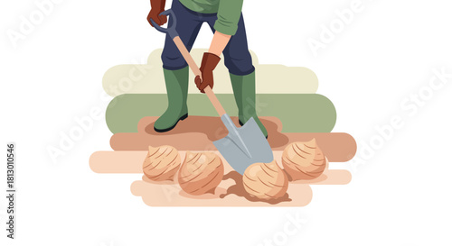 Gardener Digging In The Soil Planting Bulbs For Spring Flowers Cultivation Season