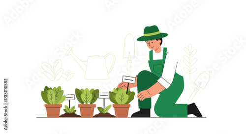 Gardener Inspecting Greenery And Tending To Potted Plants In A Black Background