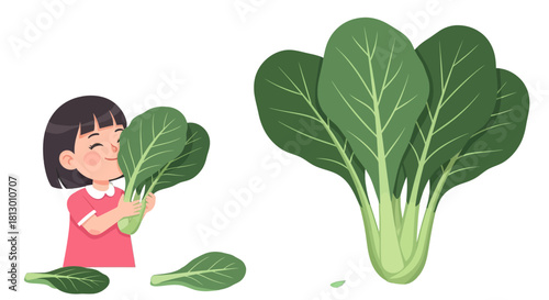 Healthy And Happy Girl Holding Fresh Bok Choy, Isolated On Black Background