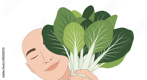 Healthy And Happy Person Appreciating Fresh Bok Choy, Clean Eating And Nutrition