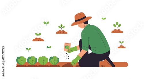 Gardener Sowing Seeds In Garden to Cultivate And Grow Fresh Vegetables And Plants