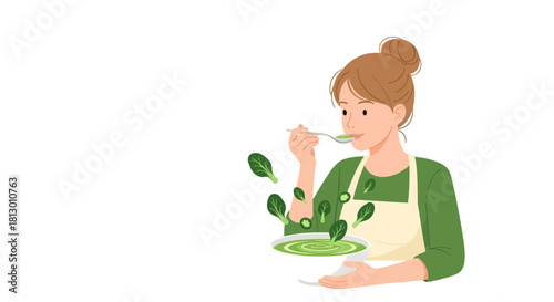 Healthy And Joyful Woman Enjoying A Bowl Of Fresh Green Soup For Health