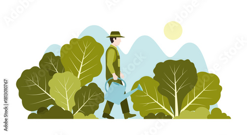 Gardener Walking With Watering Can Amidst Lush Greenery Under Night Sky