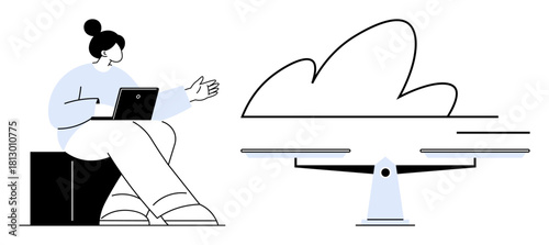 Woman with a laptop gestures toward a digital balance scale beside a stylized cloud. Ideal for technology, cloud storage, digital transformation, data management, balance, teamwork, or communication