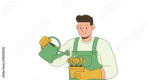Gardener Watering a Plant in a Pot, Cultivating and Nurturing a Healthy Plant