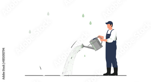 Gardener Watering Plants in Dark Field, Simple Illustration and Minimalist Design