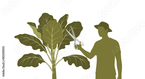 Gardening Silhouette Displays Pruning Action Of Plant Life with Shears And Hat