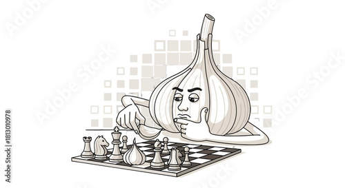 Garlic Person Contemplating Chess Moves: A Strategic Play on White and Black