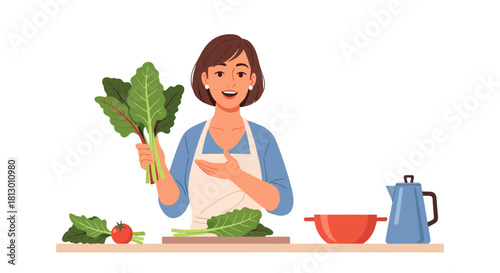 Healthy Cooking: Woman's Culinary Creation With Fresh Greens and Vegetables