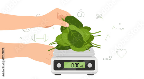 Healthy Eating: Weighting Green Spinach On Scale For A Balanced Diet