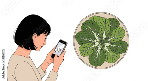 Healthy Eating: Woman Inspecting Organic Greens on Smartphone with High Detail