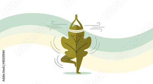Green Leaf Practicing Yoga Pose Representing Harmony And Meditation Outdoors