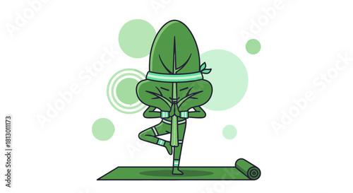 Green Leaf-Like Figure Performing Yoga on a Mat with Geometric Background