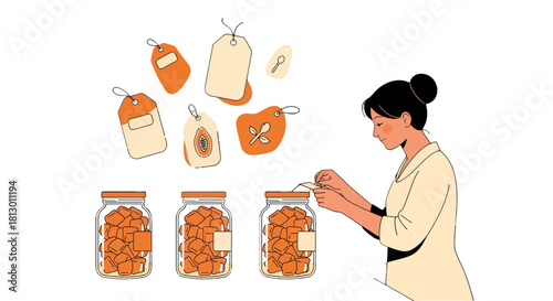 Healthy Food Arrangement: Woman Labeling Preserved Goods in Glass Jars with Illustration