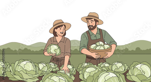 Healthy Farmers Harvesting Fresh Cabbages From a Green Field in Harmony