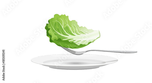 Healthy Food Presentation on Black, Green Lettuce on Fork and White Plate