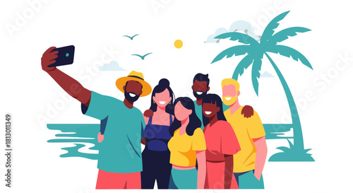 Group Of Friends Capturing A Memory On A Summer Vacation With Beach Elements