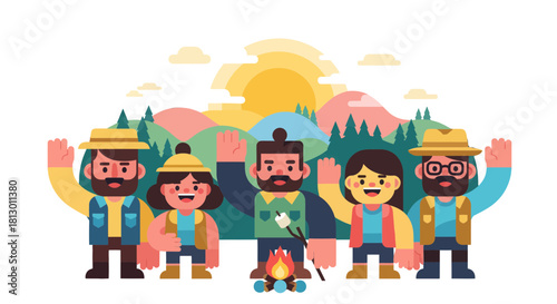 Group Of Friends Enjoying Camping Adventure At Sunset With Roasting Marshmallow