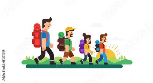 Group Of Hikers Traversing Scenic Landscape During Sunset Embarking on Adventurous Journey