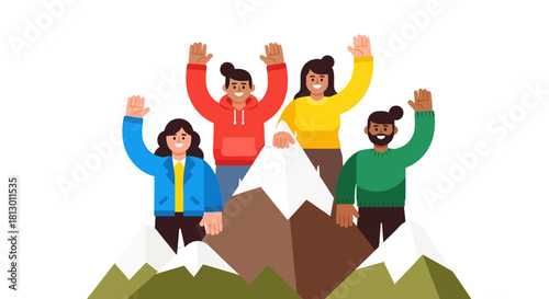 Group Of People Celebrating Reaching The Summit, Vector Illustration In a Black Background
