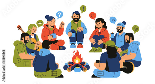 Group Of People Gathering Around A Campfire Conversing Outdoors In The Evening