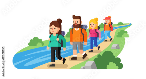 Group Of People Hiking Together, Following A Path Near A River's Edge