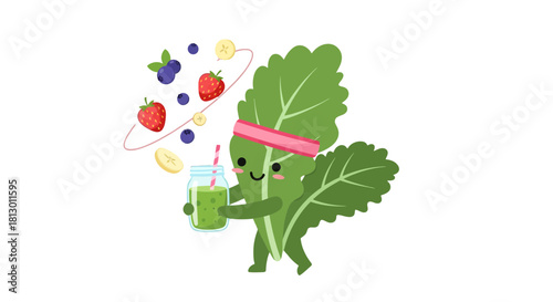 Healthy Leafy Character Serves Fresh Juice with Fruits and Black Background