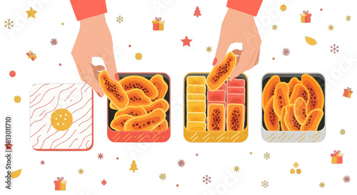 Hands Presenting A Variety Of Festive Fruits Arranged in Boxes For Celebration