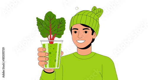 Healthy Lifestyle Choice Depicted with a Man Holding a Drink and Fresh Greens in Hand