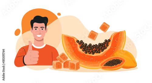 Healthy Lifestyle Choice Depicted with Papaya and Enthusiastic Approval Symbol